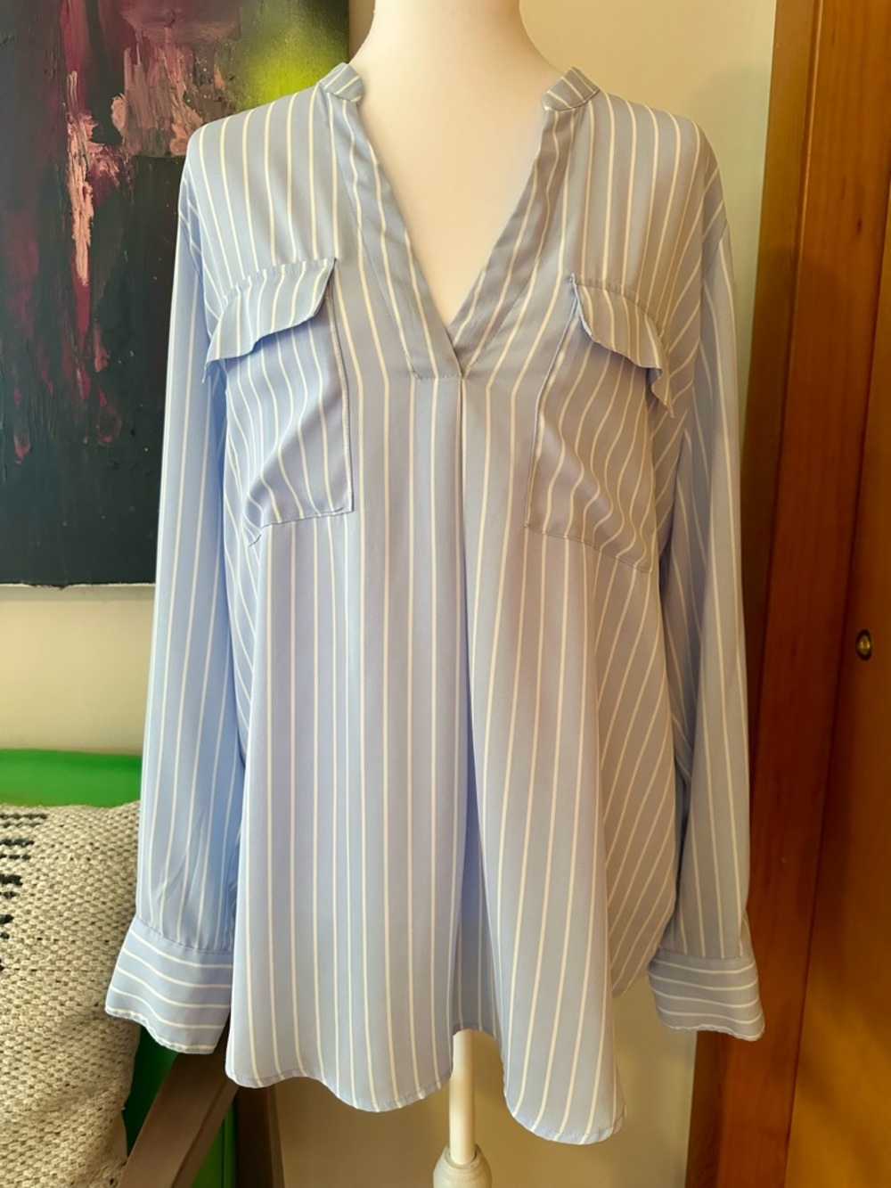 a new day Light Blue & White Striped V-Neck Blouse